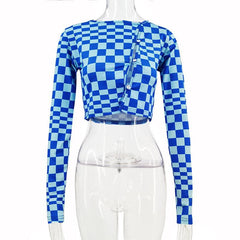 Plaid contrast button hollow out long sleeve crop top