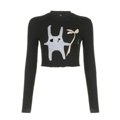 Patchwork contrast high neck long sleeve ruffle crop top