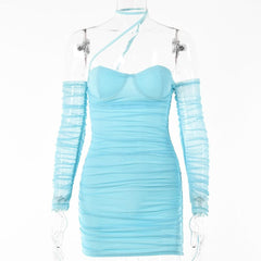 Solid ruched halter mesh long sleeve off shoulder mini dress