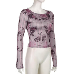 Flower print contrast round neck long sleeve top