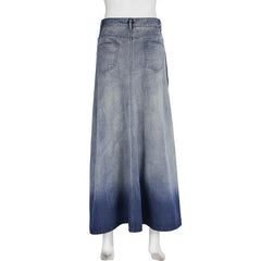 Gradient slit pocket irregular high rise denim midi skirt
