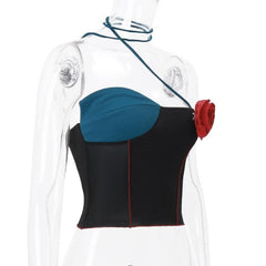 Flower applique patchwork irregular halter stitch crop top