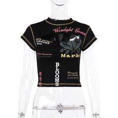 Contrast print short sleeve stitch hollow out crewneck crop top