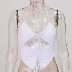 Double layered halter drawstring hollow out ruched solid crop top