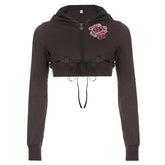 Long sleeve contrast embroidery zip-up hoodie self tie crop top