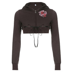 Long sleeve contrast embroidery zip-up hoodie self tie crop top