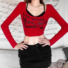 Letter print contrast long sleeve 2 piece crop top