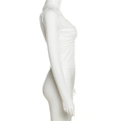 Ruched long sleeve solid v neck top