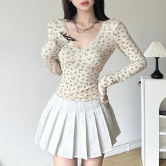 PRE ORDER - Flower print contrast long sleeve v neck lace hem top