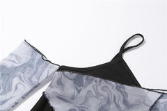 Long sleeve mesh irregular ruffled crop top