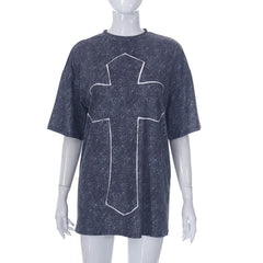 Cross pattern contrast short sleeve crewneck top