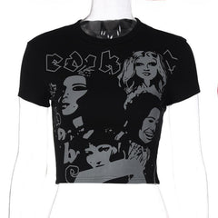 Comic pattern contrast short sleeve crewneck crop top