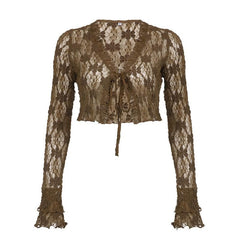 Lace v neck self tie see through flared sleeve solid crop top