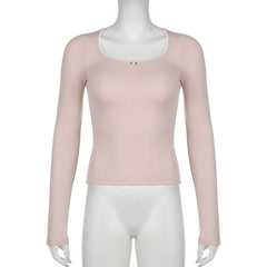 Ribbed lace hem square neck solid long sleeve top