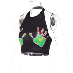 Sleeveless halter palm pattern backless crop top