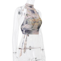 Tie dye beaded halter self tie backless contrast crop top