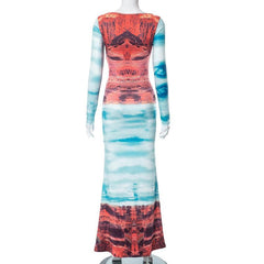 Long sleeve abstract crewneck contrast maxi dress