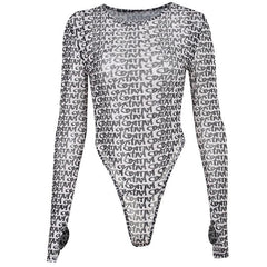 Long sleeve round neck contrast print sheer mesh gloves bodysuit