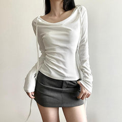 Ribbed cowl neck long sleeve solid self tie top