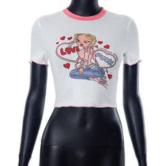 Comic pattern contrast short sleeve ruffle crewneck crop top