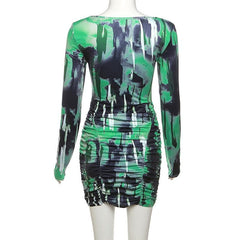 Ruched contrast print long sleeve sweetheart neck mini dress