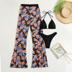 Flower pattern halter contrast pant 3 piece swimwear