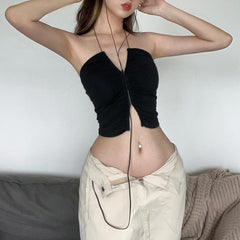 Solid halter ruched self tie backless button crop top