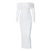 Ruched off shoulder solid long sleeve backless midi dress