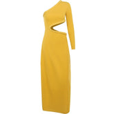 Long sleeve solid hollow out one shoulder backless midi dress - Final Sale