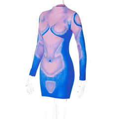 Long sleeve abstract contrast turtle neck mini dress