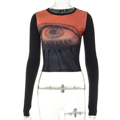 Long sleeve abstract contrast round neck crop top