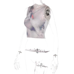 Contrast print sleeveless crewneck crop top