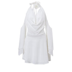 Cowl neck solid halter backless off shoulder long sleeve zip-up mini dress