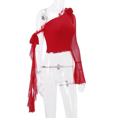 Long flared sleeve one shoulder mesh flower applique backless top