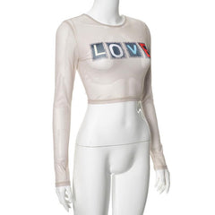 Long sleeve "LOVE" pattern crewneck sheer mesh crop top