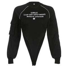 Pocket letter print long sleeve crewneck contrast bodysuit