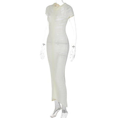 Crochet see through short sleeve button solid maxi dress