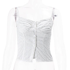 Textured pleated button slit solid backless cami top