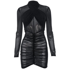 Ruched long sleeve cross front sheer mesh see through mini dress