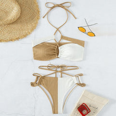 Halter contrast textured cross front self tie bikini swimwear