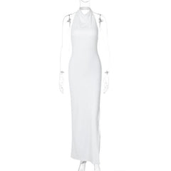 Slit halter sleeveless solid backless ruched maxi dress