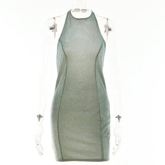 Halter off shoulder backless zip-up solid mini dress