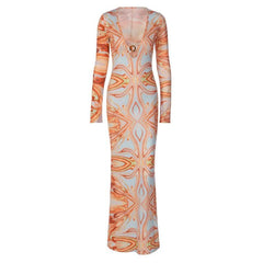 Contrast print o ring v neck long sleeve maxi dress