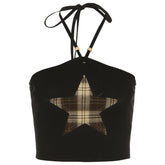 Halter contrast star pattern self tie backless crop top