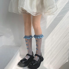 Lace hollow out bowknot satin ruffle long socks