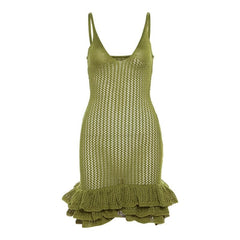 Crochet v neck sleeveless hollow out ruffle mini dress