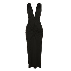 Sleeveless v neck solid slit knotted backless midi dress