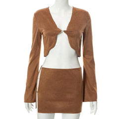 Long sleeve solid v neck slit mini skirt set