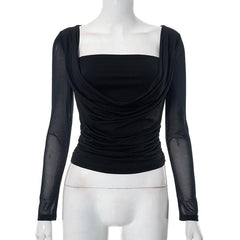 Ruched long sleeve mesh solid square neck top