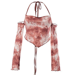 Halter off shoulder self tie ruffle long sleeve backless tie dye top